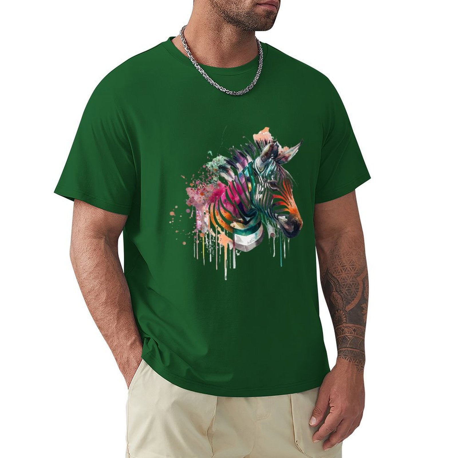 Men's green crew neck t-shirt with watercolor zebra print. Comfortable cotton tee, MyArtsyGift.