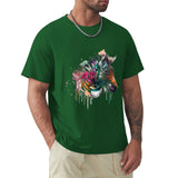 Men's green crew neck t-shirt with watercolor zebra print. Comfortable cotton tee, MyArtsyGift.