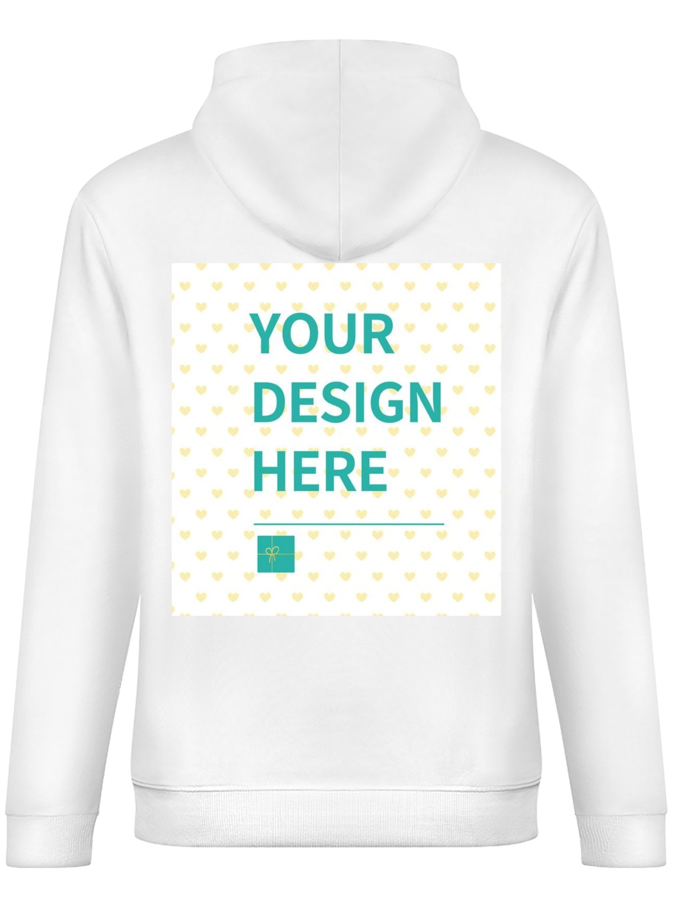 White men's custom hooded sweatshirt, customizable back with 'YOUR DESIGN HERE' text and heart pattern. Made in USA.
