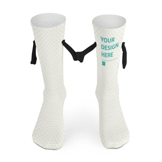 Custom holding hands socks in white with magnetic design and Your Design Here text.