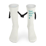 Custom holding hands socks in white with magnetic design and Your Design Here text.