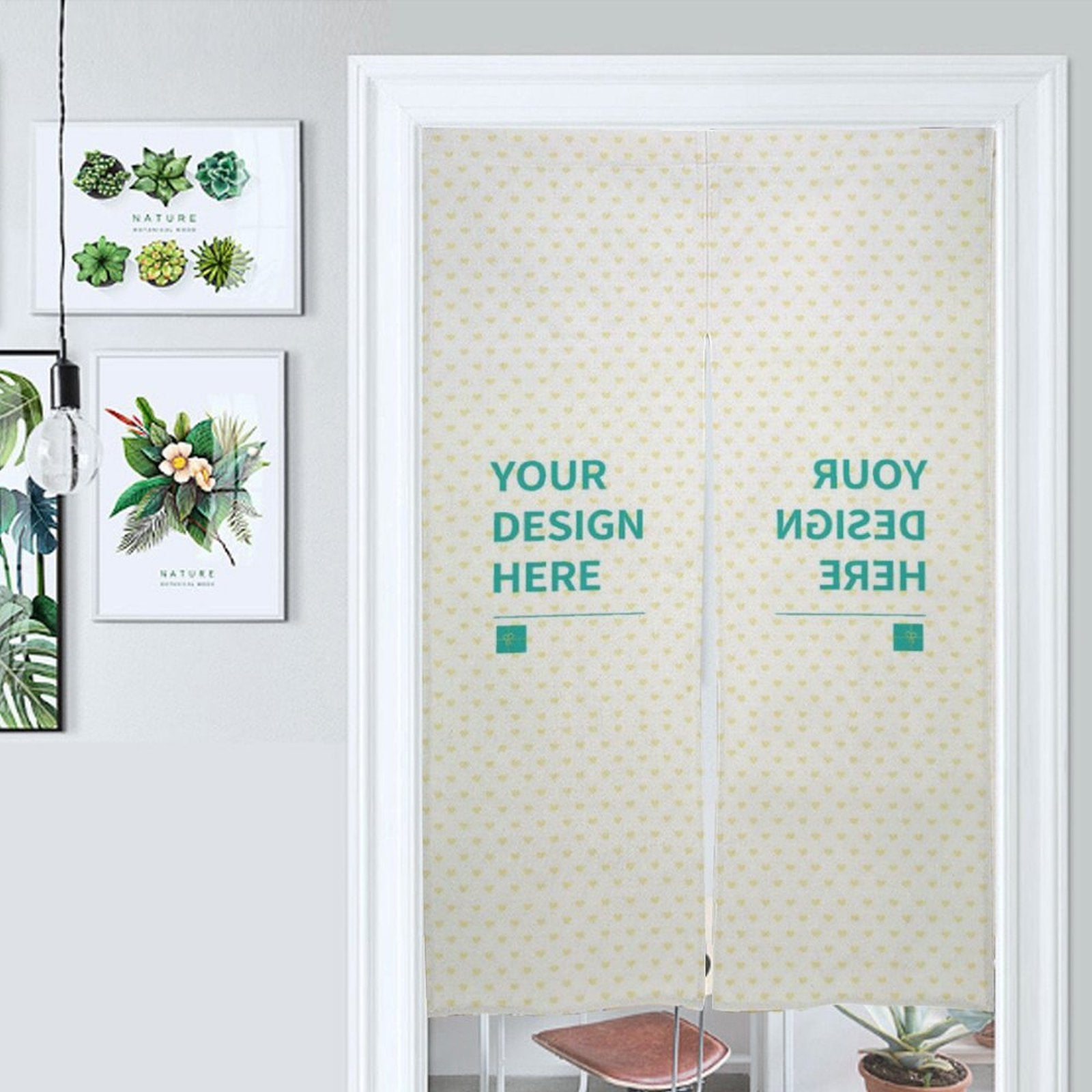 Customizable white linen doorway curtain with "Your Design Here" design, perfect for home decor from MyArtsyGift
