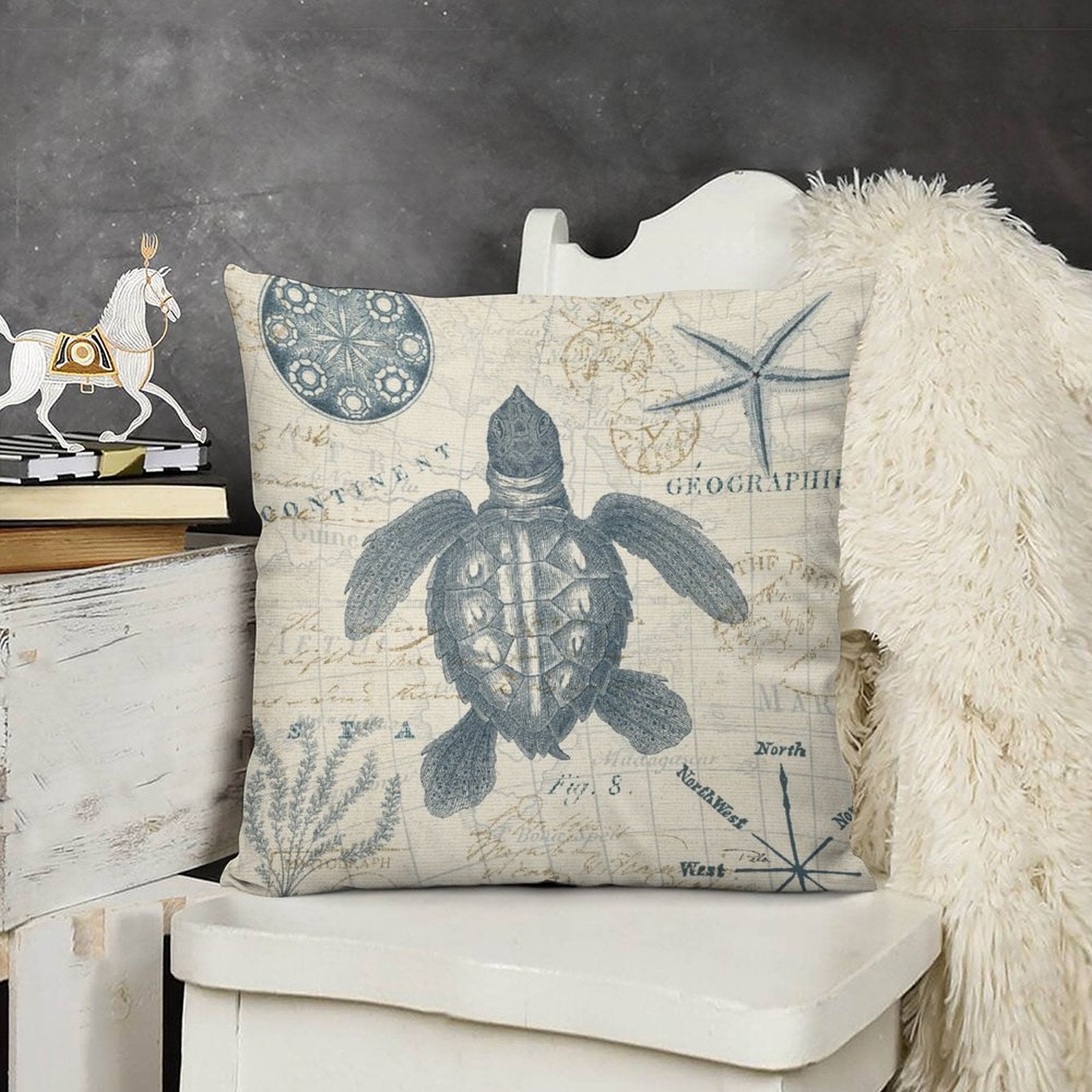Turtle pillow cover with vintage map design, soft plush material, ideal for sofa or living room decor