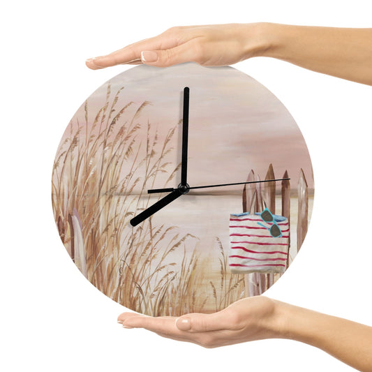 Modern MDF wall clock featuring a beach scene, held by hands