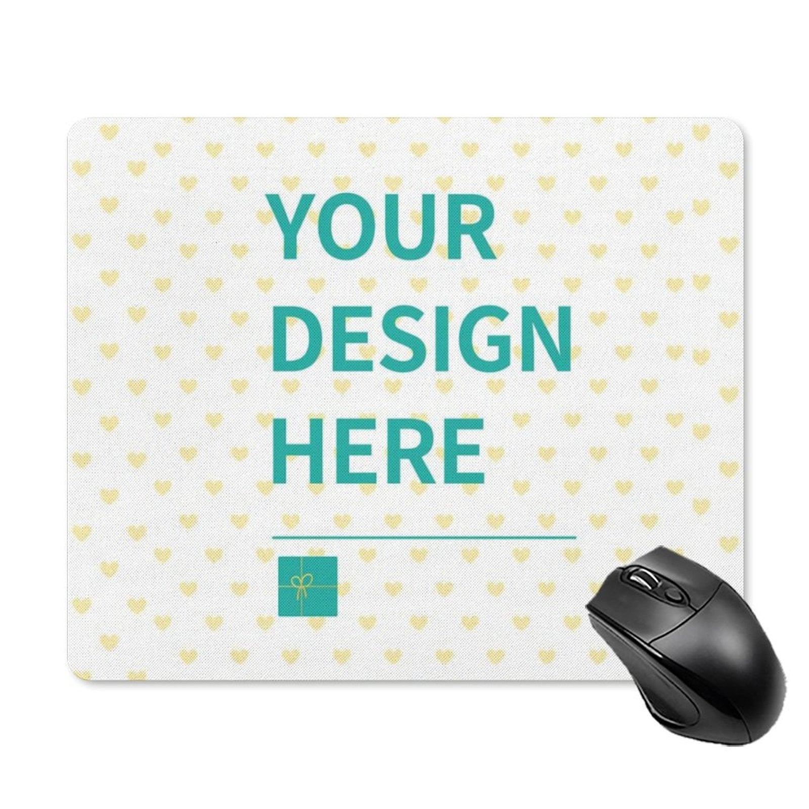 Customizable mouse pad with "YOUR DESIGN HERE" text and black mouse. Personalized gaming mousepad design.