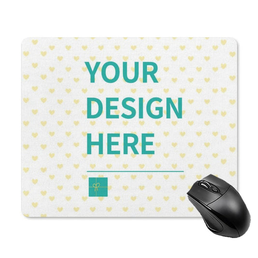 Customizable mouse pad with "YOUR DESIGN HERE" text and black mouse. Personalized gaming mousepad design.