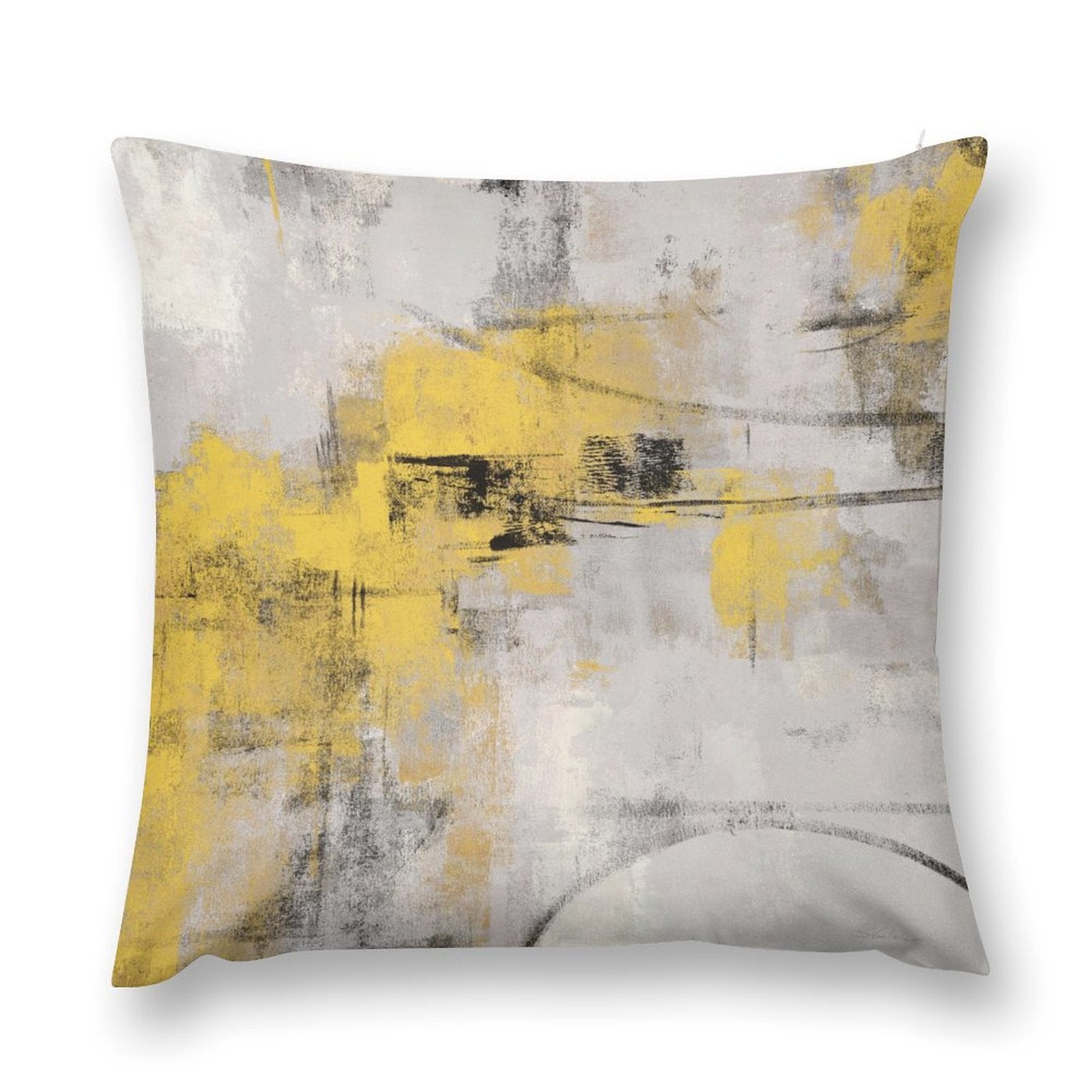 Abstract art throw pillow cover in yellow, grey, and black, soft plush material for sofa and living room.