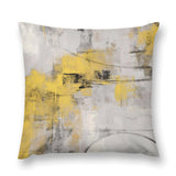Abstract throw pillow cover, yellow, gray, and black brushstroke design, soft plush material for couch or sofa.