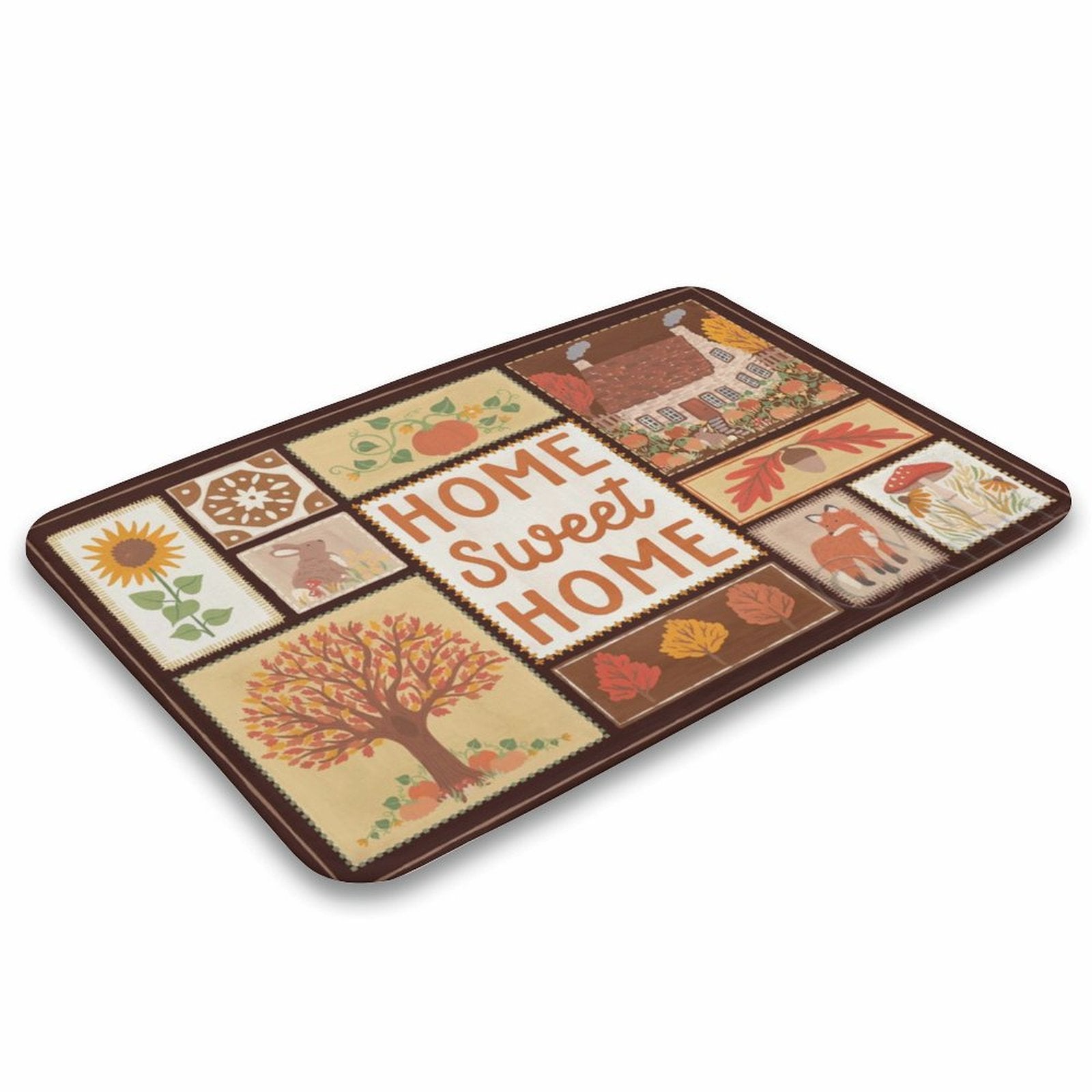 Coral velvet bath rug with HOME Sweet HOME text and autumn design, ideal for bathroom or kitchen.