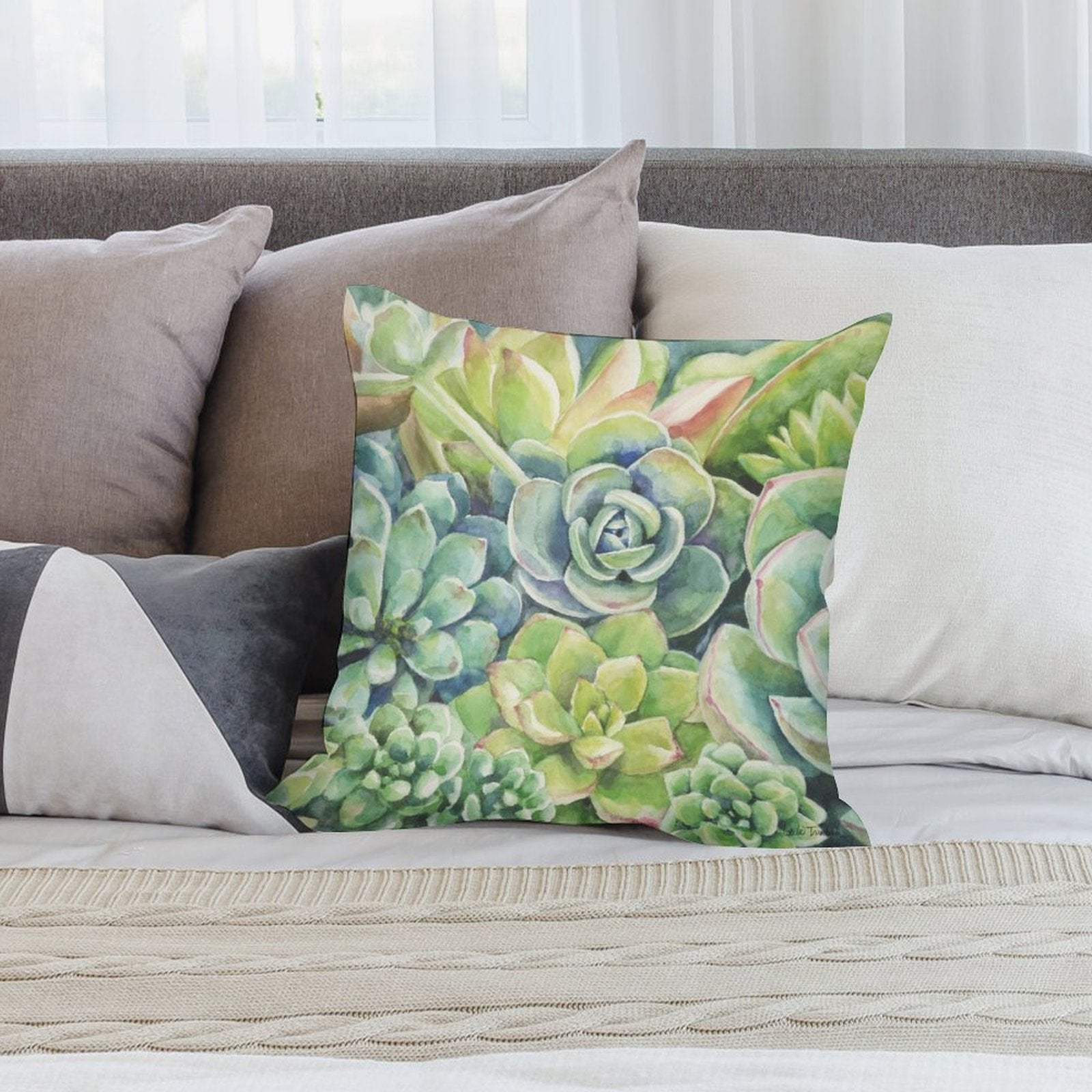 Watercolor succulent pillow cover, soft plush botanical design for sofa and living room decor, short plush fabric
