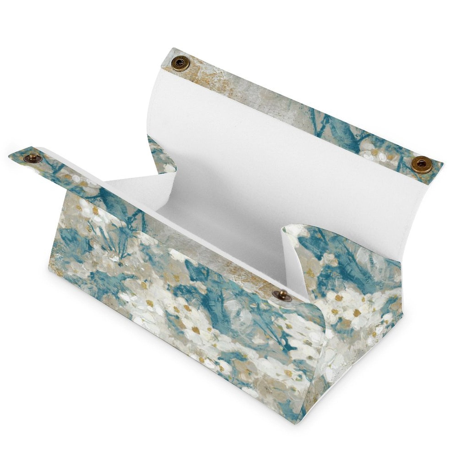 Rectangular PU tissue box cover with floral art, teal, white, and gold design for bathroom or office.
