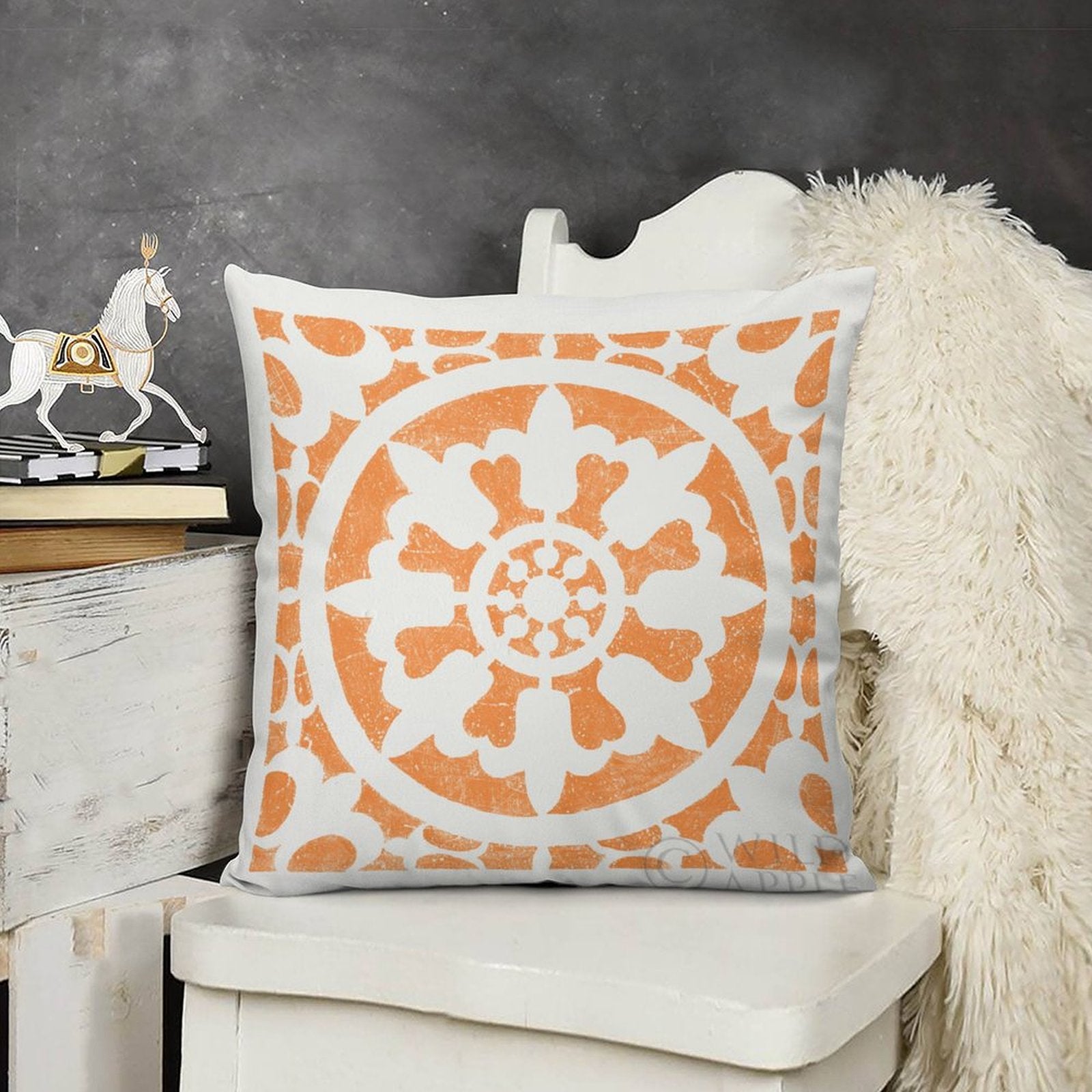 Luxury plush throw pillow cover with orange floral pattern, soft and decorative for sofa and living room.