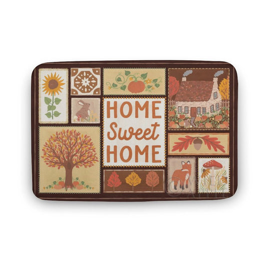 Coral velvet bath rug with Home Sweet Home design, non-slip, autumn theme