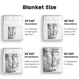 Black and white forest flannel blanket size chart. Featuring "The Adventure Never Ends" design, available in various sizes.