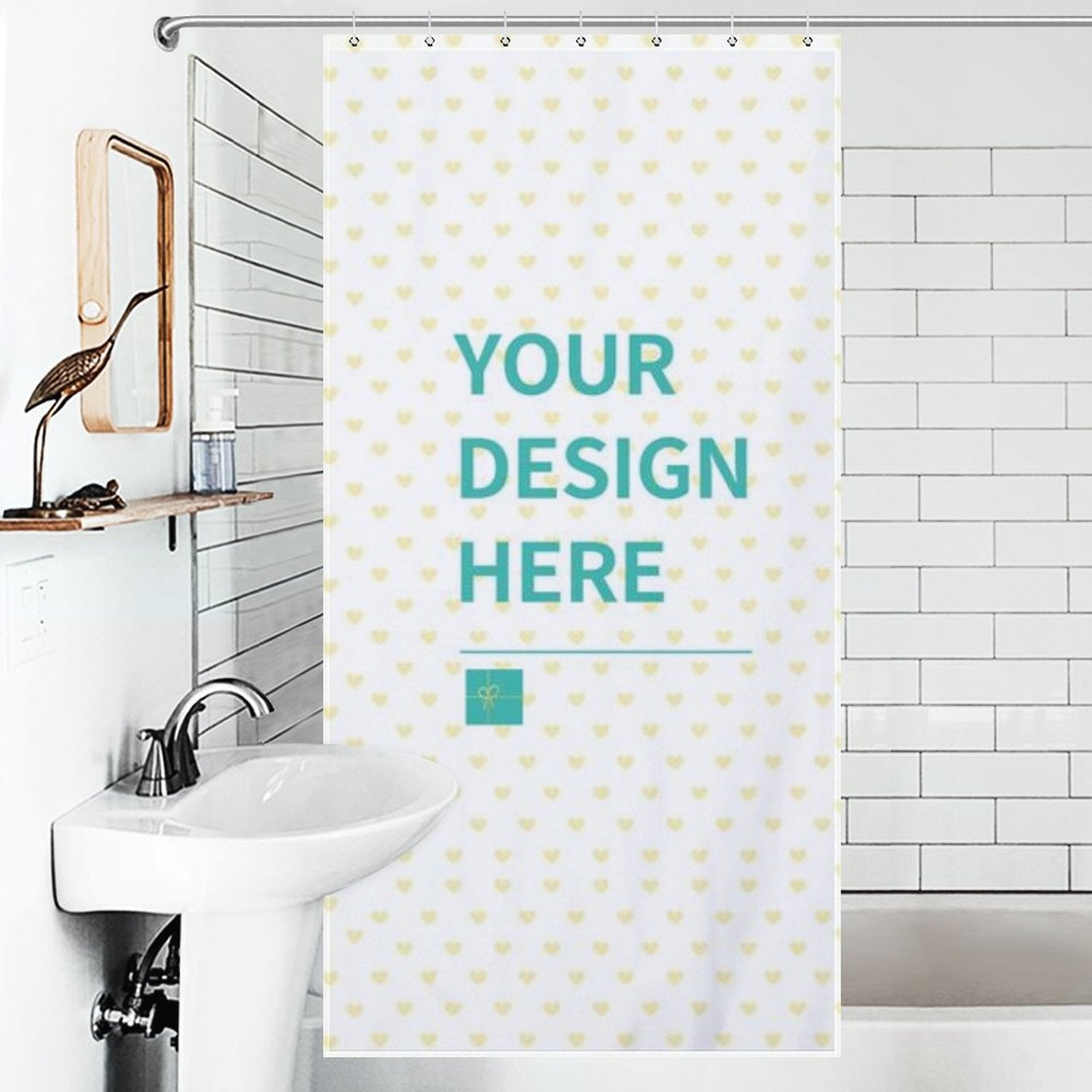 Custom shower curtain with 'YOUR DESIGN HERE' text and heart pattern