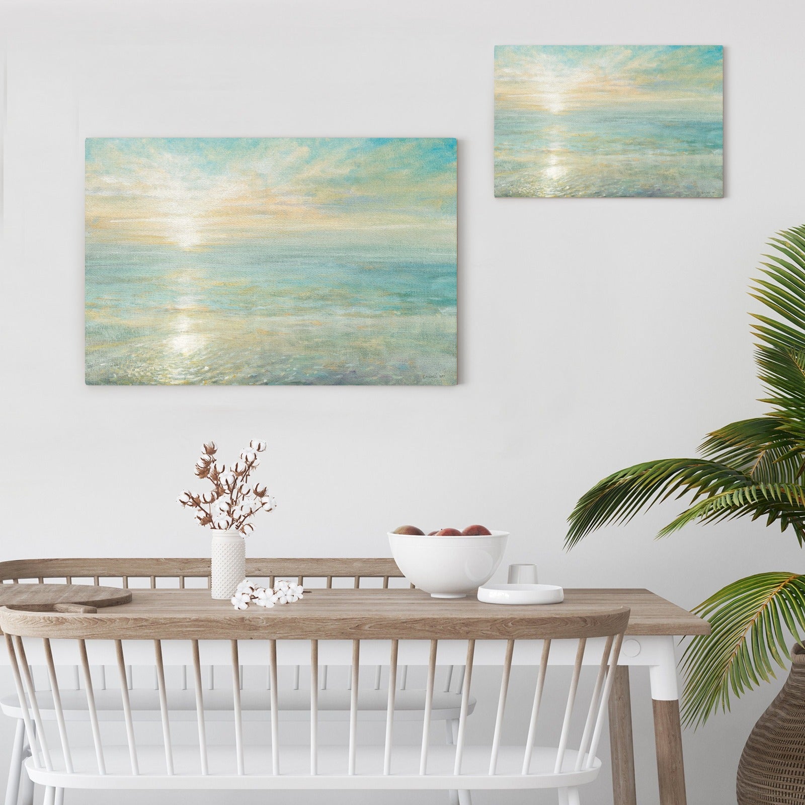 Sunrise canvas print in soft colors, perfect for wall decor, made in USA. Ocean scenery art piece in living room.
