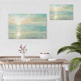 Sunrise canvas print in soft colors, perfect for wall decor, made in USA. Ocean scenery art piece in living room.