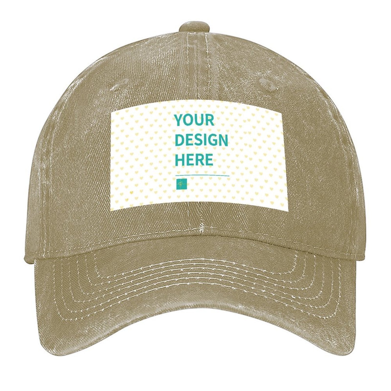 Custom light brown denim baseball cap with "YOUR DESIGN HERE" design area. Personalized gift for men and women.