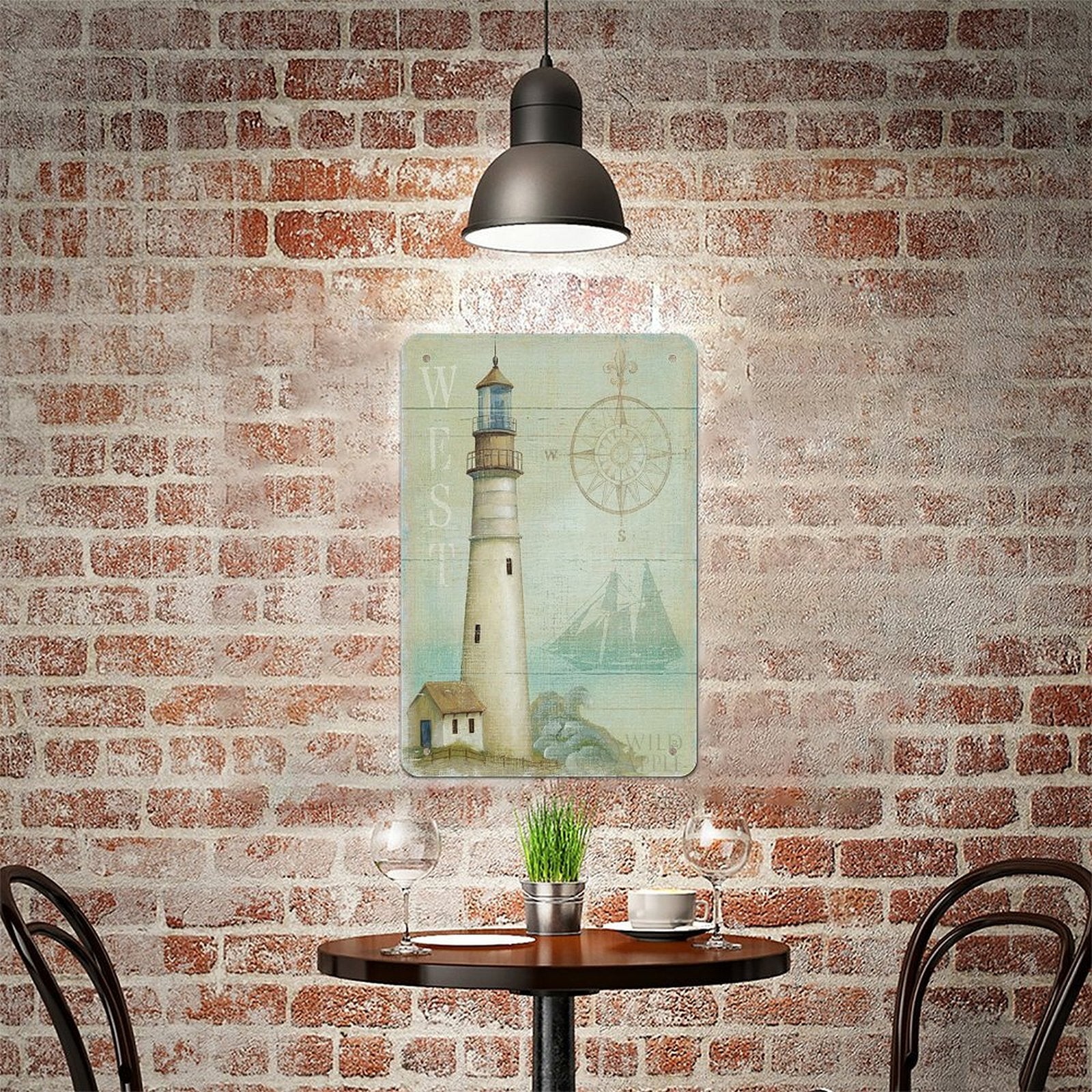 Metal tin sign with lighthouse and compass design, perfect for home decor, WEST coastal theme, durable tinplate.