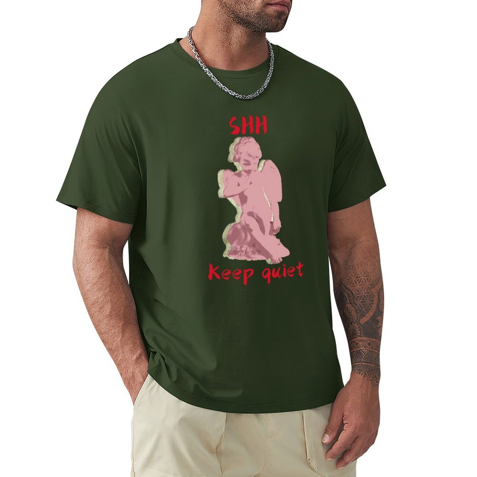 Dark green men's crew neck t-shirt with pink angel print and 'SHH Keep quiet' text, MyArtsyGift