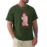 Dark green men's crew neck t-shirt with pink angel print and 'SHH Keep quiet' text, MyArtsyGift