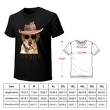 Black short sleeve men's t-shirt featuring a Cowboy Dog graphic with hat and sunglasses; size chart included.