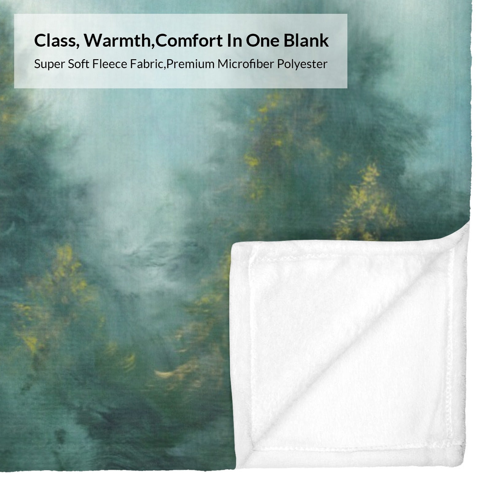 Misty forest flannel blanket with "Class, Warmth, Comfort In One Blank" text, soft fleece. Perfect for indoor/outdoor use.