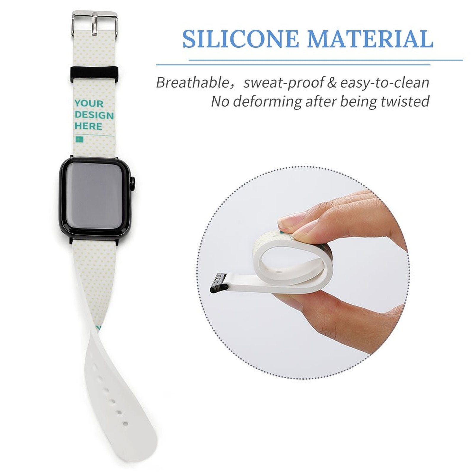 Custom silicone Apple Watch band with YOUR DESIGN HERE text, breathable, easy-to-clean for iWatch personalization.