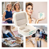 Customizable PU leather jewelry box for women, featuring 'Design Here' text, travel size with ring and earring storage.