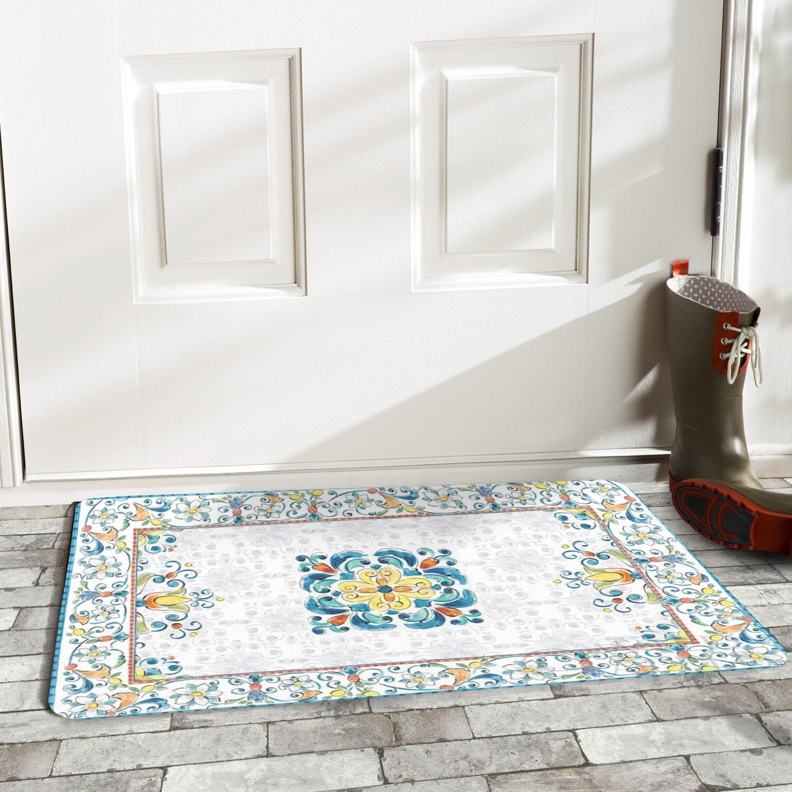 Mediterranean entrance doormat with colorful floral design; suitable for indoor or outdoor use.