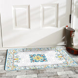 Mediterranean entrance doormat with colorful floral design; suitable for indoor or outdoor use.