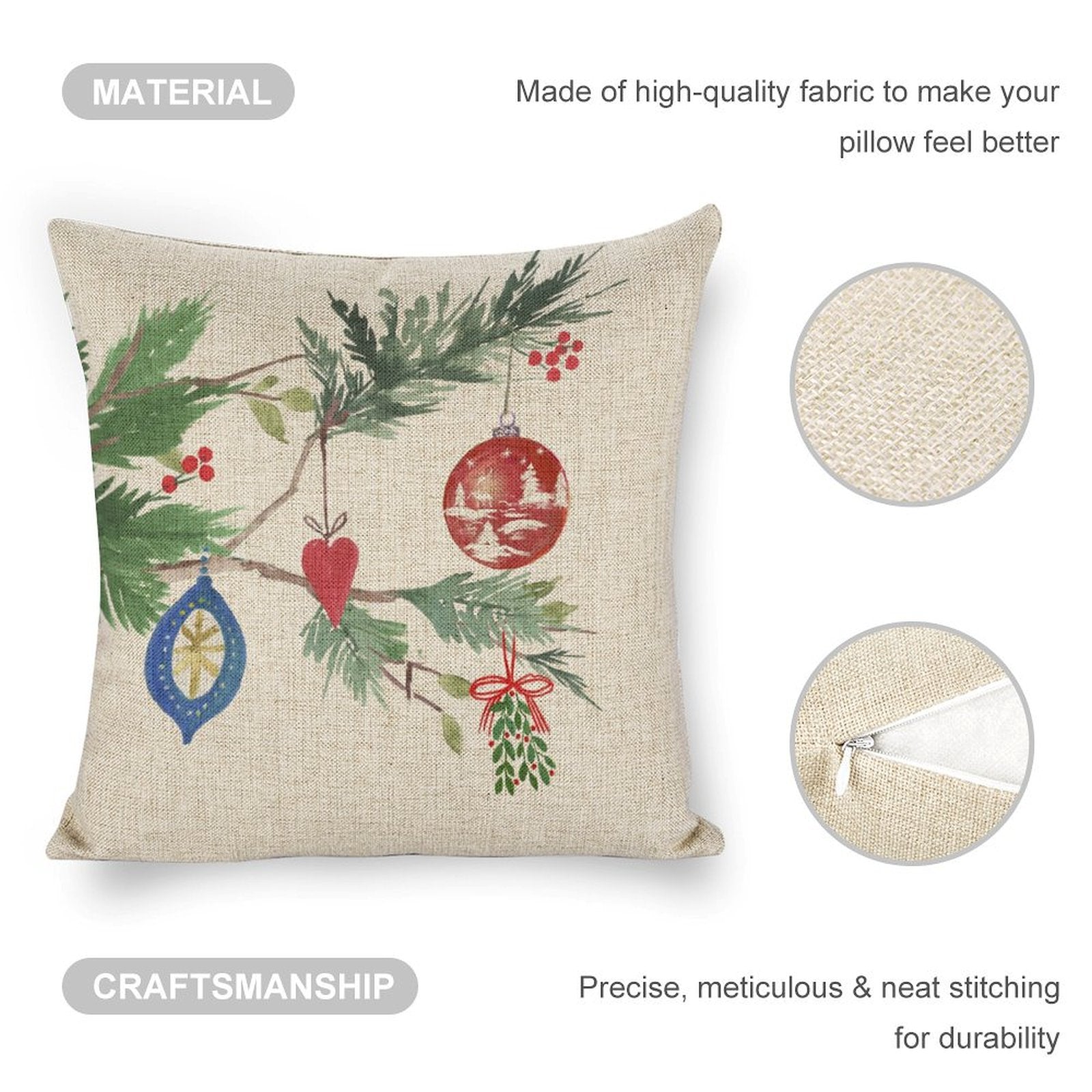 Linen Christmas pillow cover with festive decorations, perfect for sofa or bed
