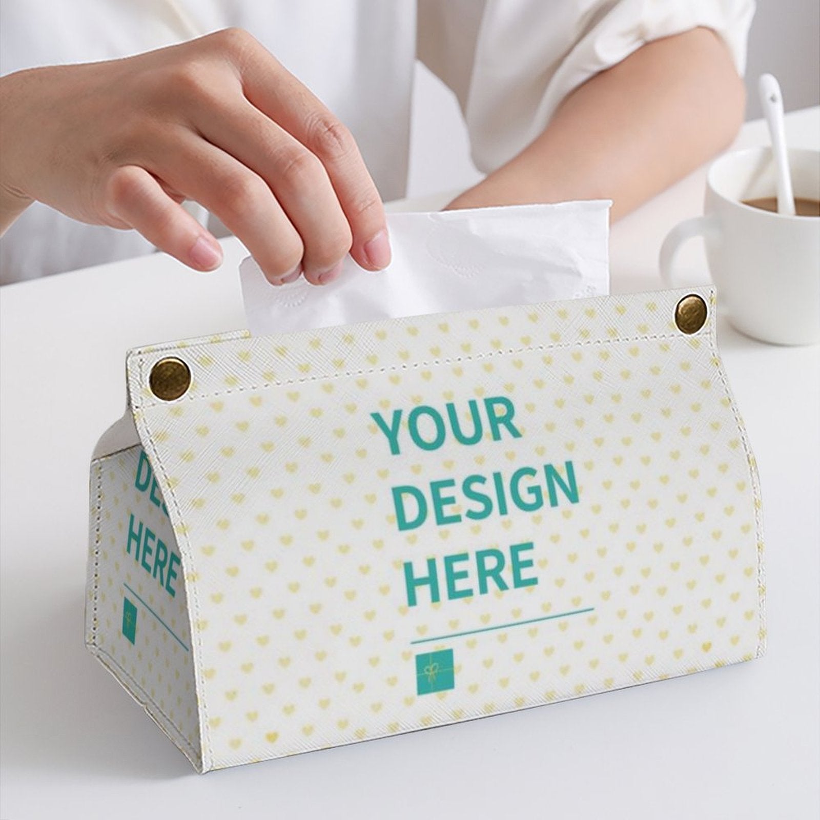 Custom PU tissue box cover with 'YOUR DESIGN HERE' text, perfect for bathroom, office, or home use.