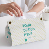 Custom PU tissue box cover with 'YOUR DESIGN HERE' text, perfect for bathroom, office, or home use.