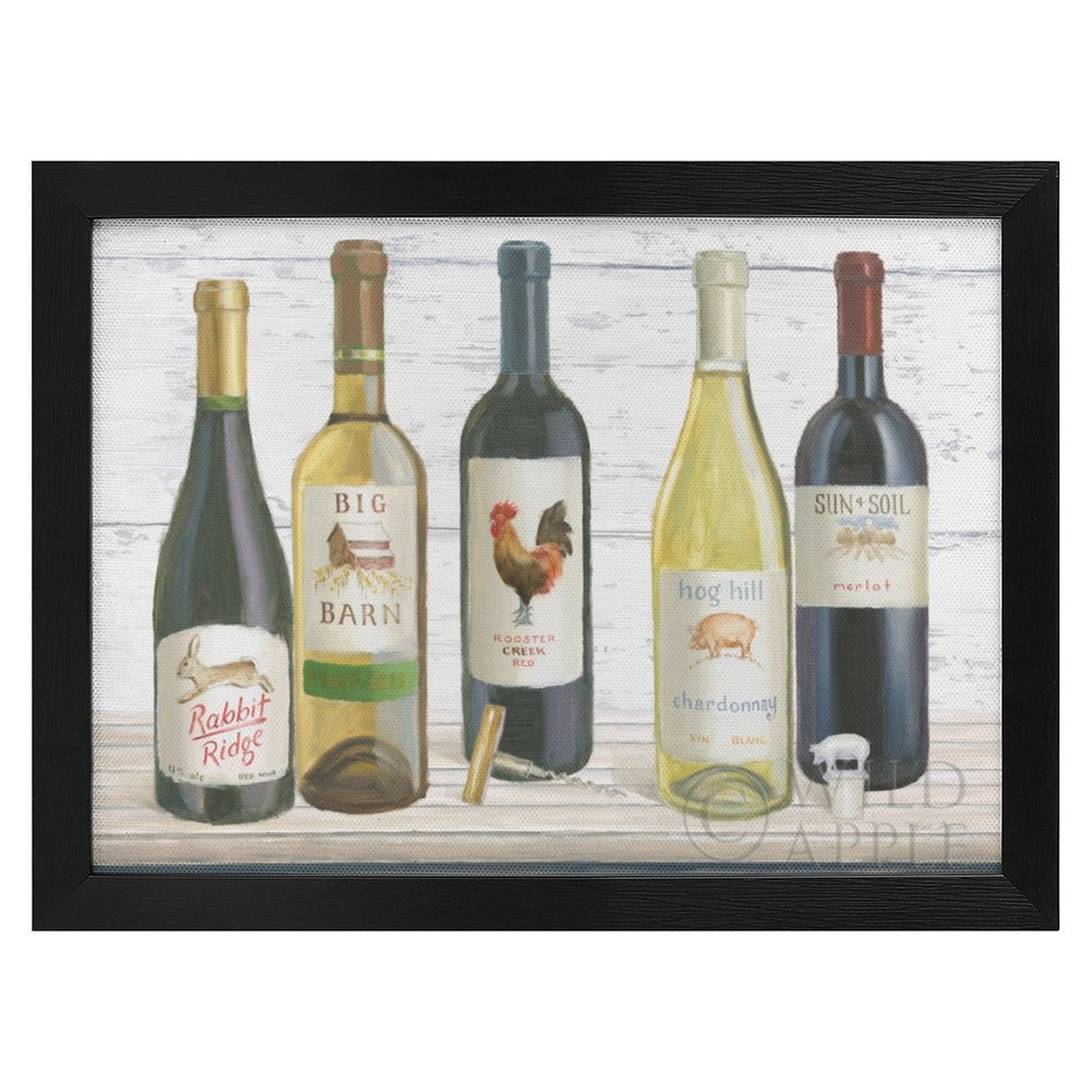 Framed canvas print: Wine bottles featuring Rabbit Ridge, Big Barn, Rooster Creek, Hog Hill, and Sun+Soil labels. Home decor.
