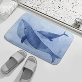 Coral velvet bath rug with watercolor whales design, non-slip for bathroom or kitchen