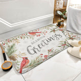Seasons Greetings coral velvet bath rug with cardinal birds and pine branches for bathroom or kitchen