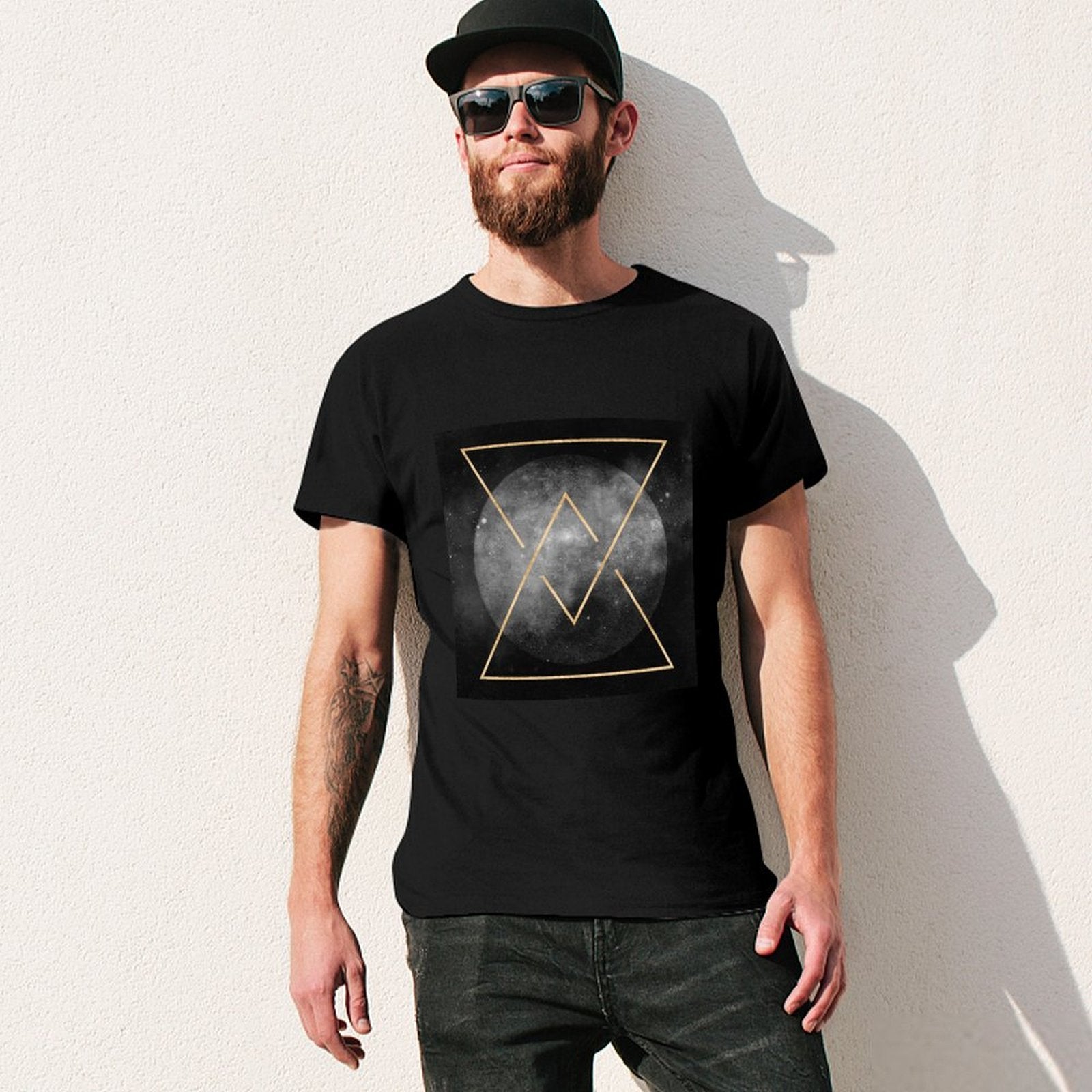 MyArtsyGift black crew neck t-shirt with geometric art, classic tee for men, cotton fabric, breathable and soft