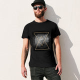 MyArtsyGift black crew neck t-shirt with geometric art, classic tee for men, cotton fabric, breathable and soft