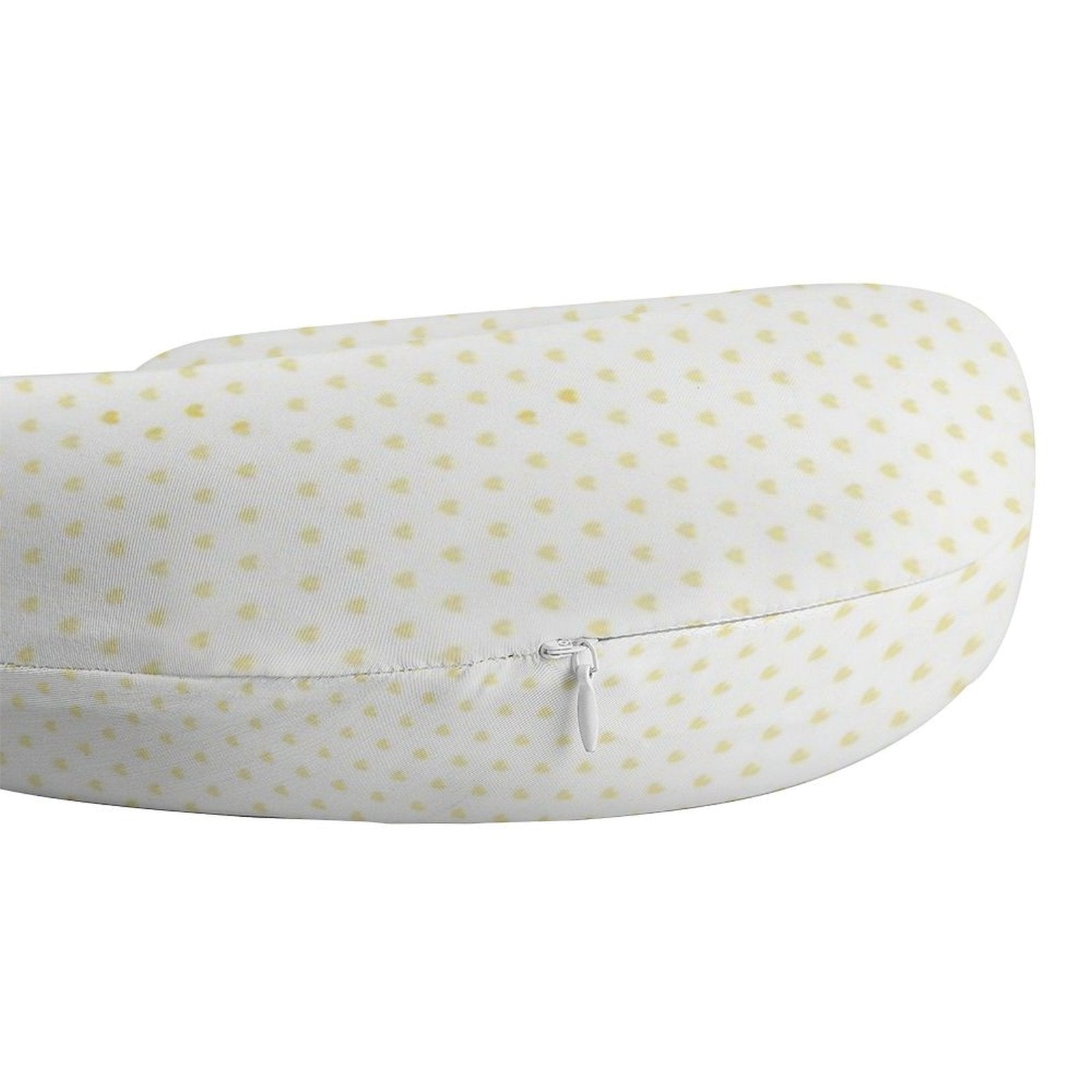 U-shaped travel pillow with heart pattern, white and yellow. Features zipper for removable cover, designed for travel.