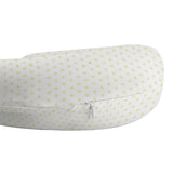U-shaped travel pillow with heart pattern, white and yellow. Features zipper for removable cover, designed for travel.