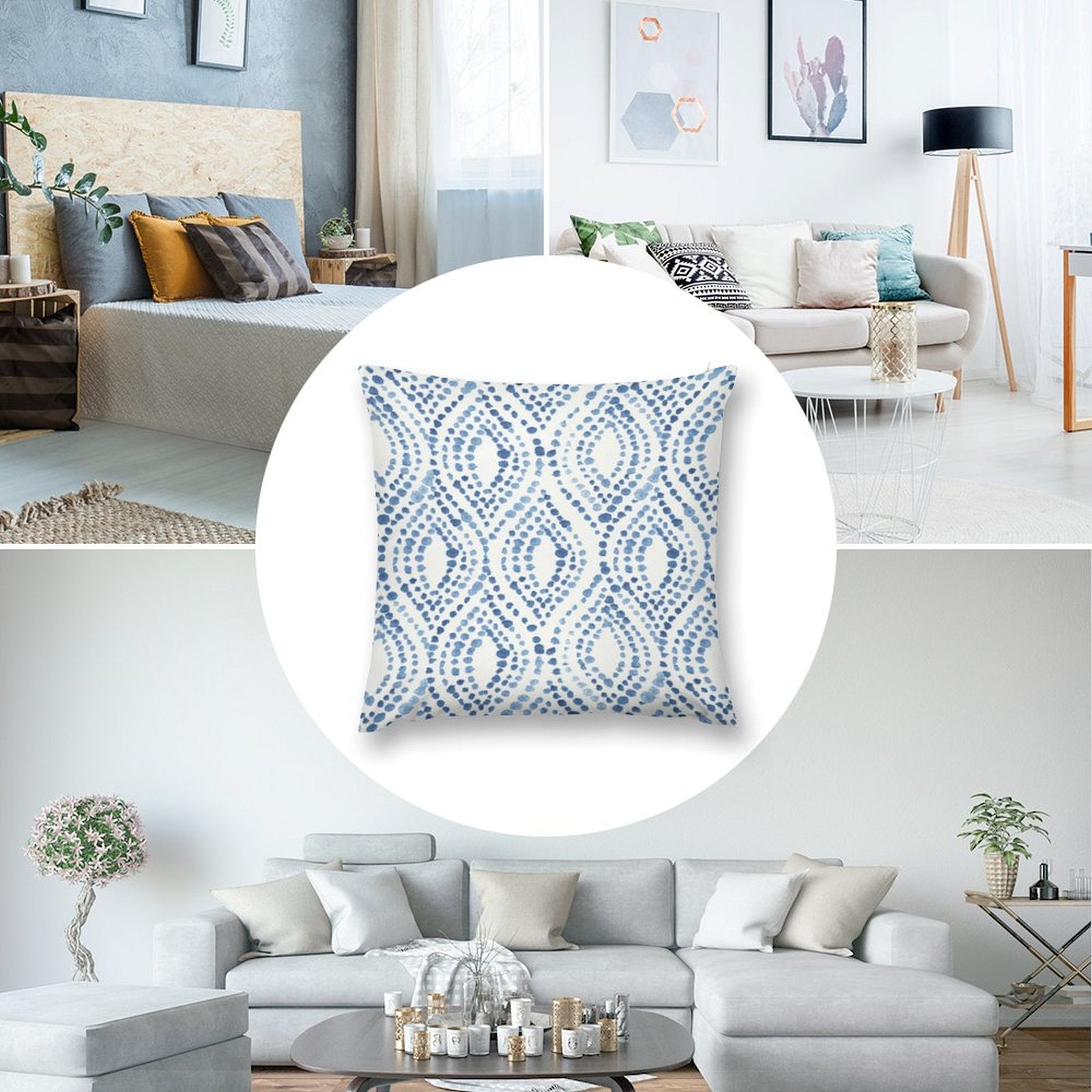 Blue dotted pattern plush pillow cover for sofa, living room decor. Decorative pillow for MyArtsyGift's home collection.