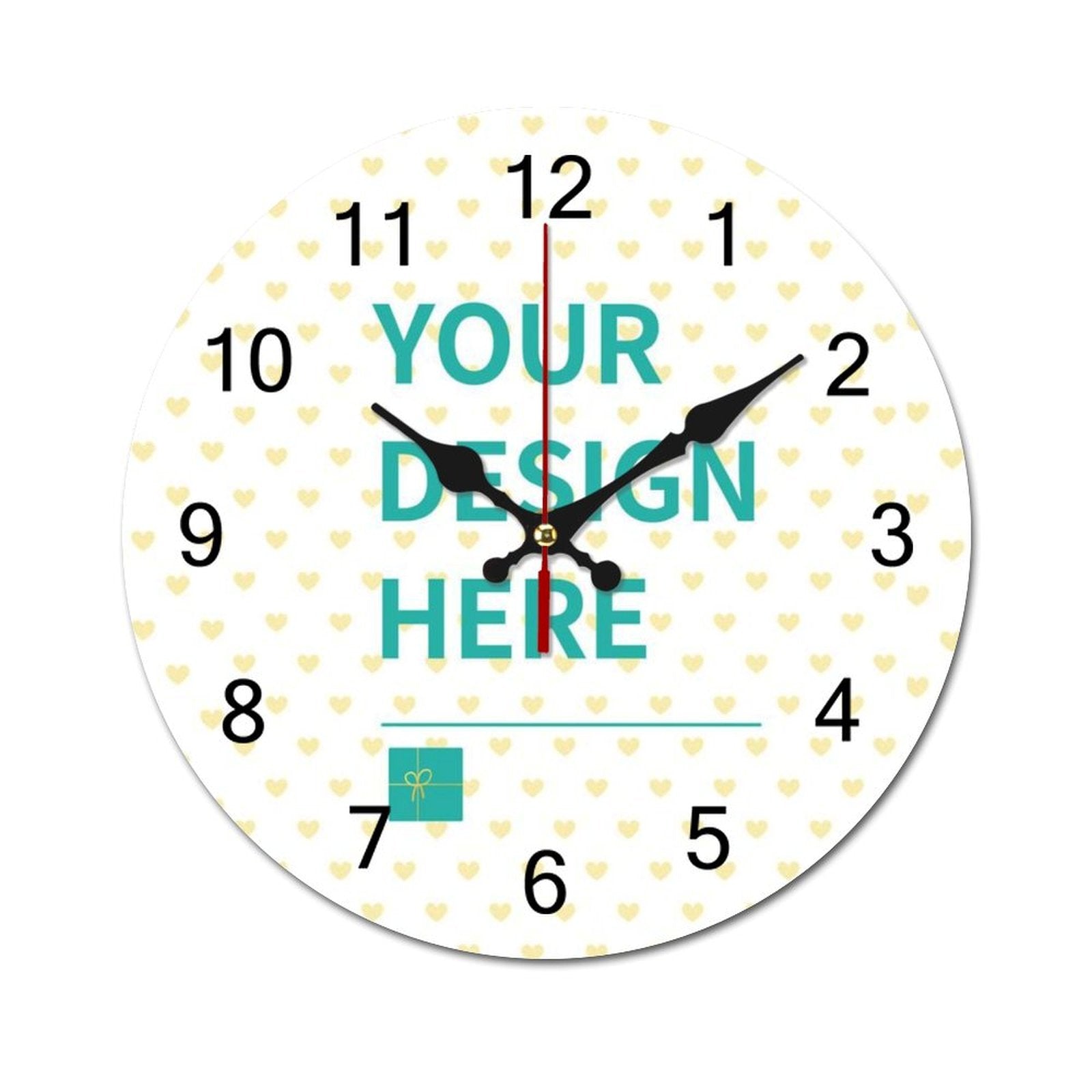 Custom round wooden wall clock. Personalized with "YOUR DESIGN HERE" text, perfect as a unique home or kitchen gift.