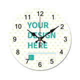Custom round wooden wall clock. Personalized with "YOUR DESIGN HERE" text, perfect as a unique home or kitchen gift.