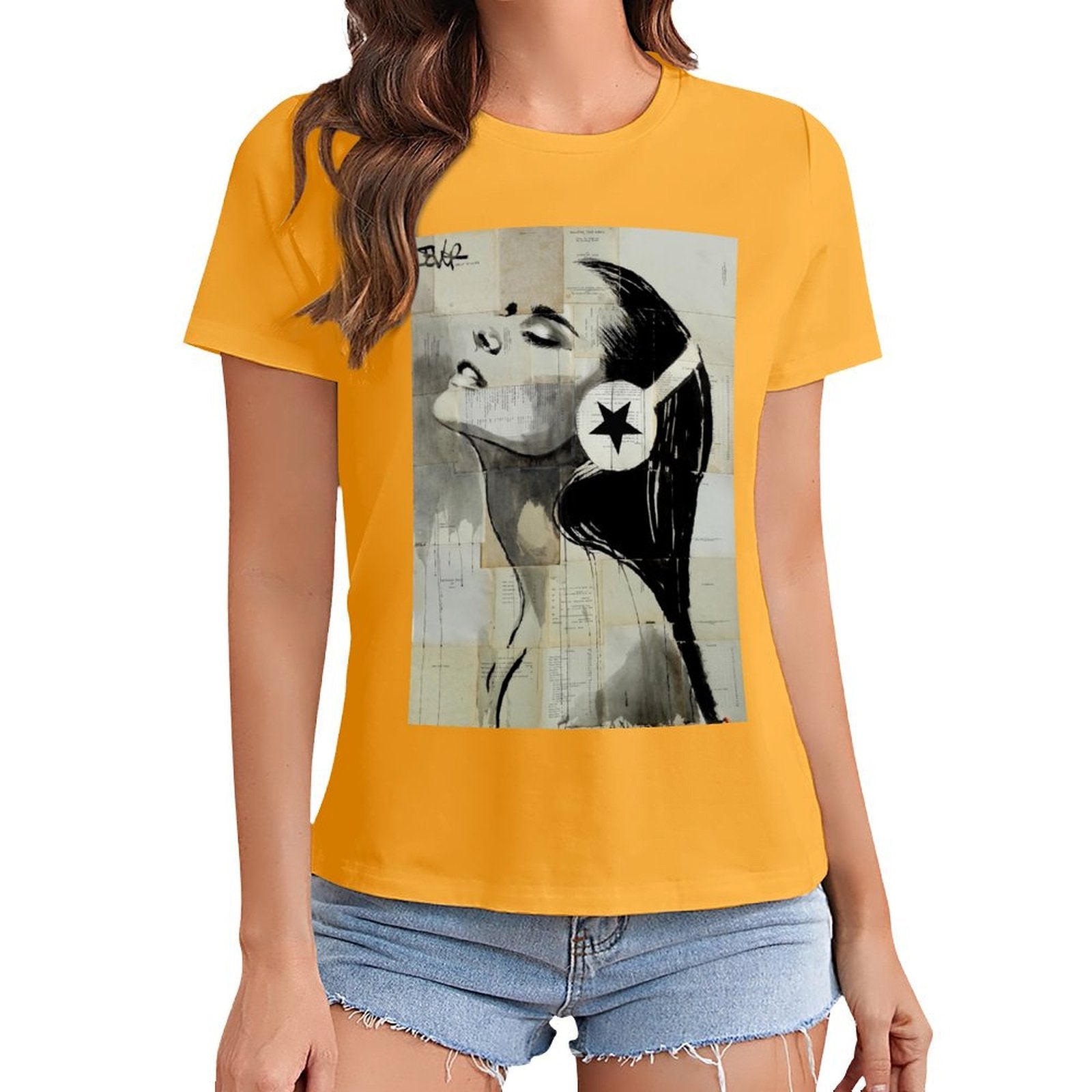 Mustard yellow Women's graphic t-shirt with art print of woman with star headphones, from MyArtsyGift