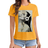 Mustard yellow Women's graphic t-shirt with art print of woman with star headphones, from MyArtsyGift