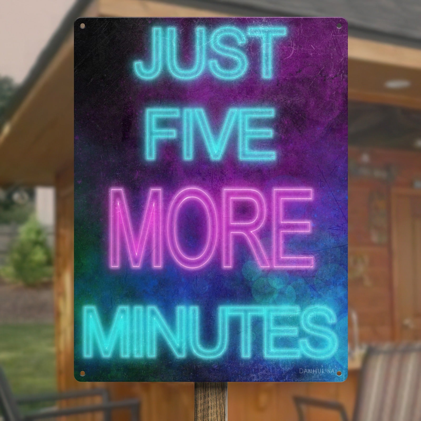 Metal sign with neon 'Just Five More Minutes' design, perfect for home or office wall decor. Iron material.