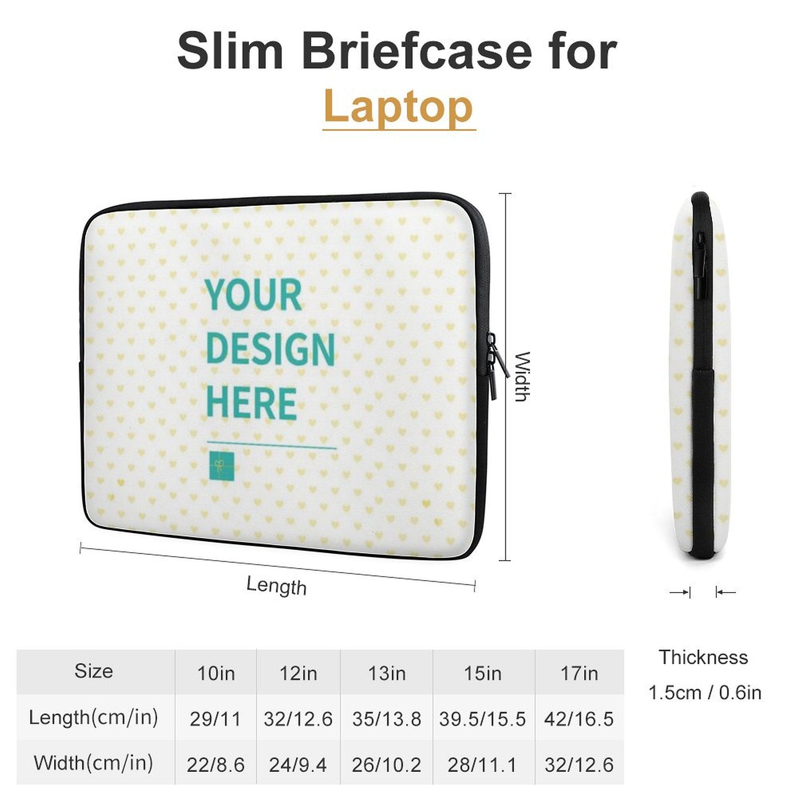 Customizable laptop briefcase with "YOUR DESIGN HERE" and heart pattern; perfect for laptop protection