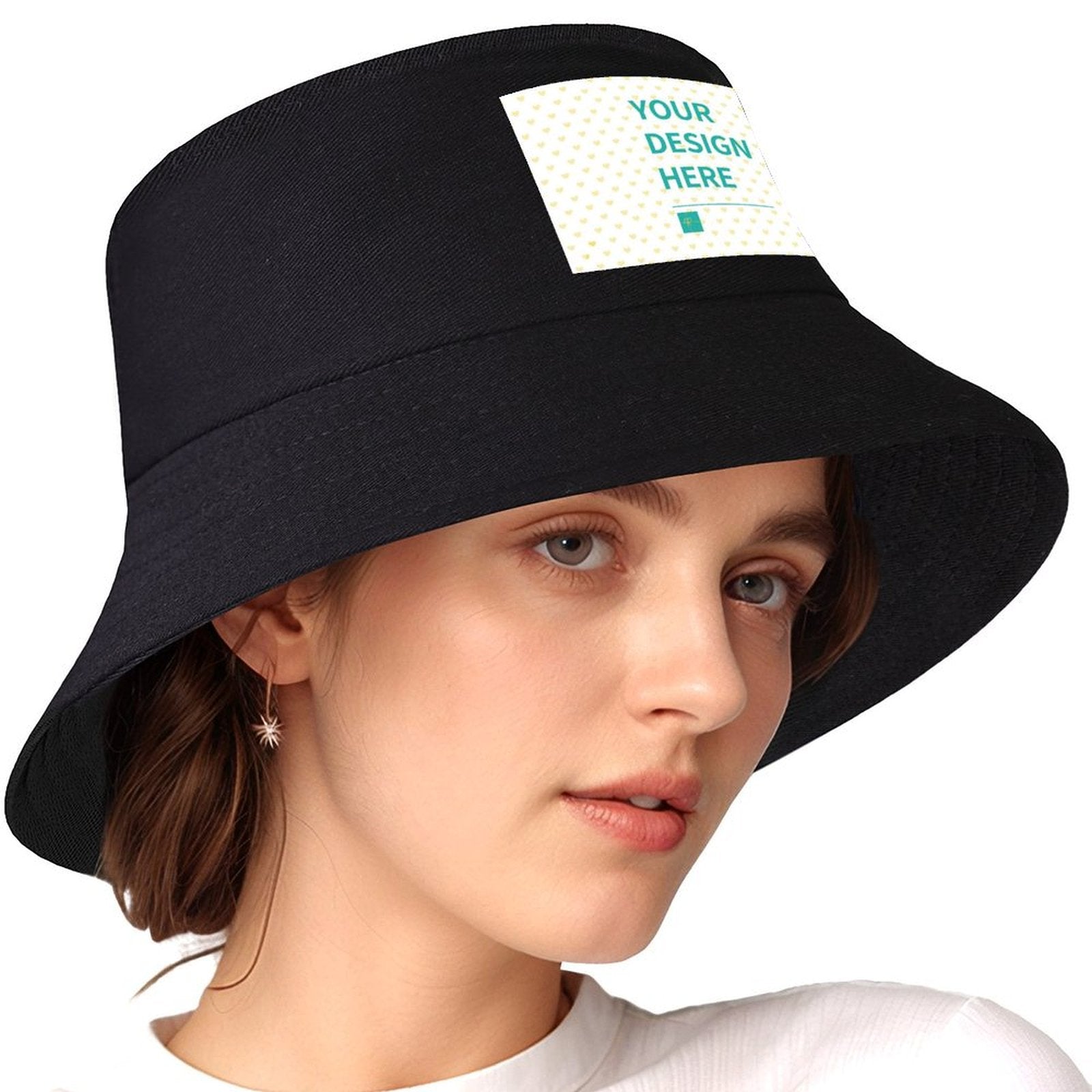 Customizable black bucket hat with YOUR DESIGN HERE design, suitable for fishing, hiking, and travel.