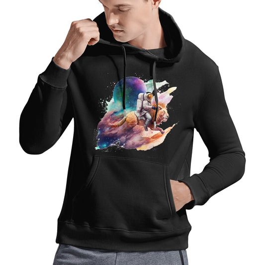 Black Gildan men's hooded sweatshirt with Cosmo Ride artwork. Astronaut riding a lion, Ben Heine art, for MyArtsyGift.com
